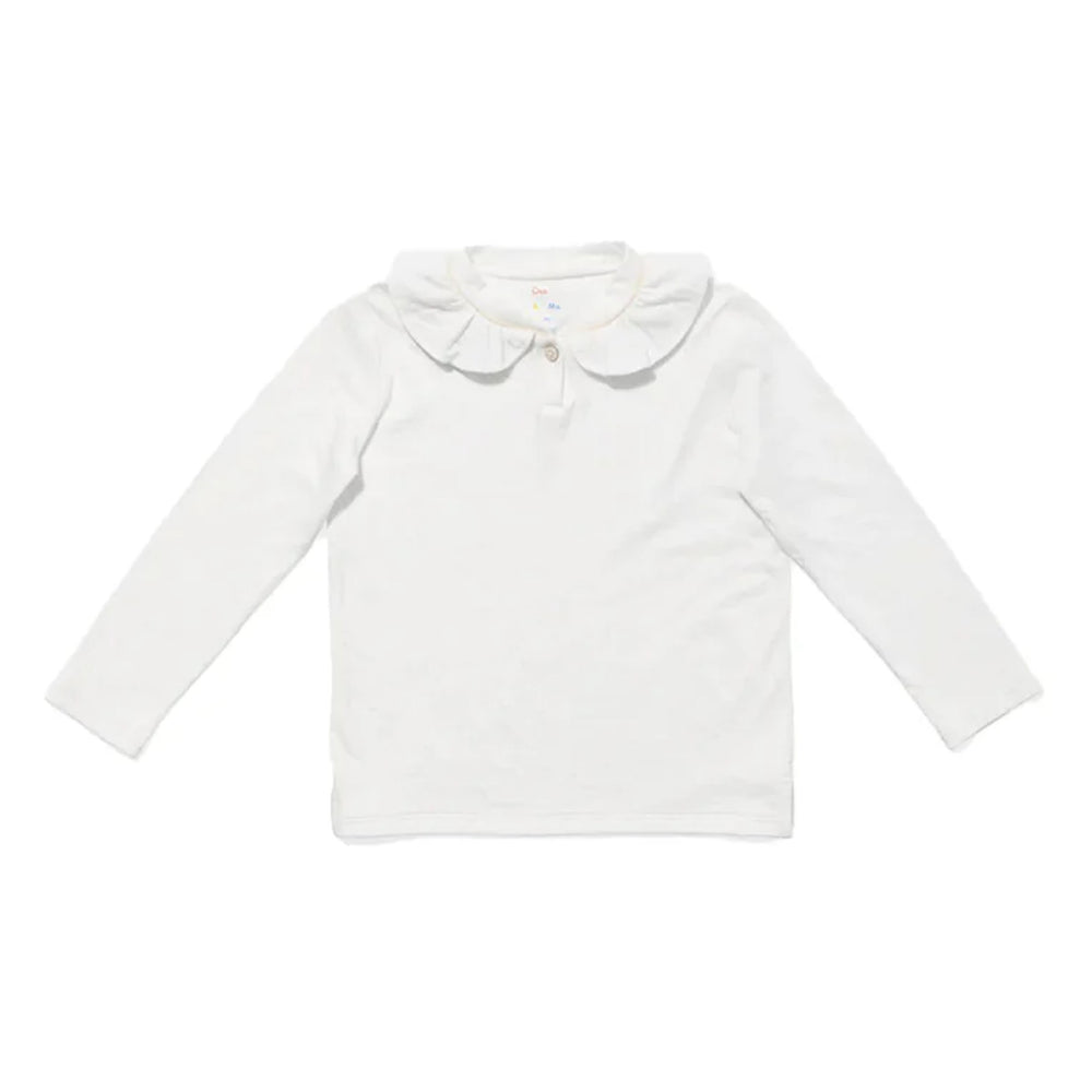 Front flat lay of Hen T-shirt showcasing ruffle collar with single front button and vanilla piping on white background