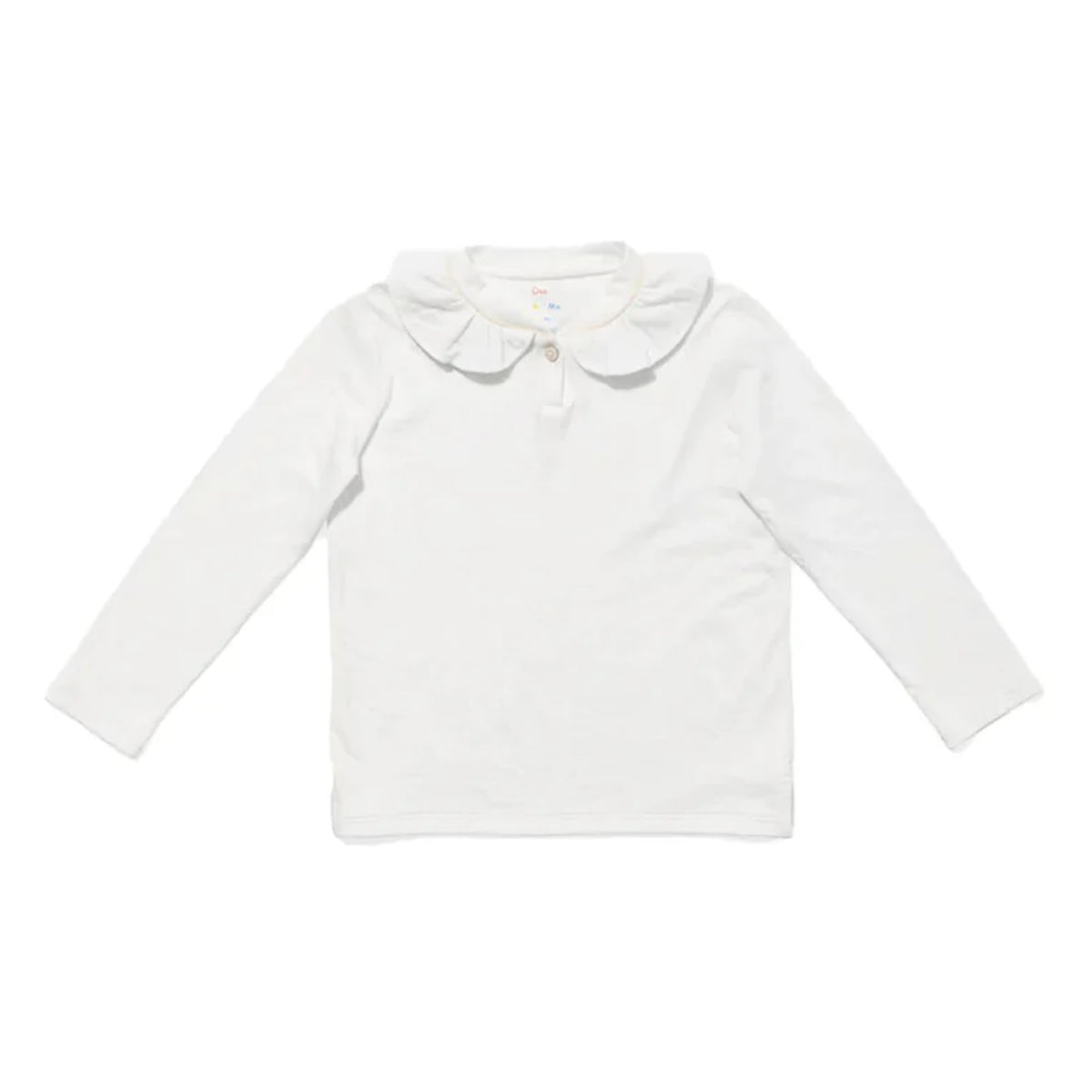 Front flat lay of Hen T-shirt showcasing ruffle collar with single front button and vanilla piping on white background