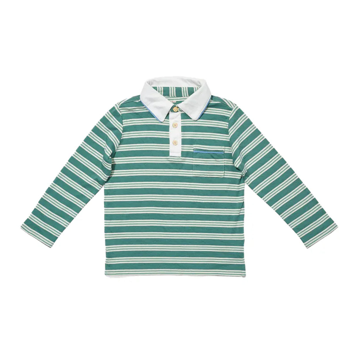Front view of Parker Polo in Pine Twin Stripe showcasing white collar, piped chest pocket, and stacked buttons on a white background