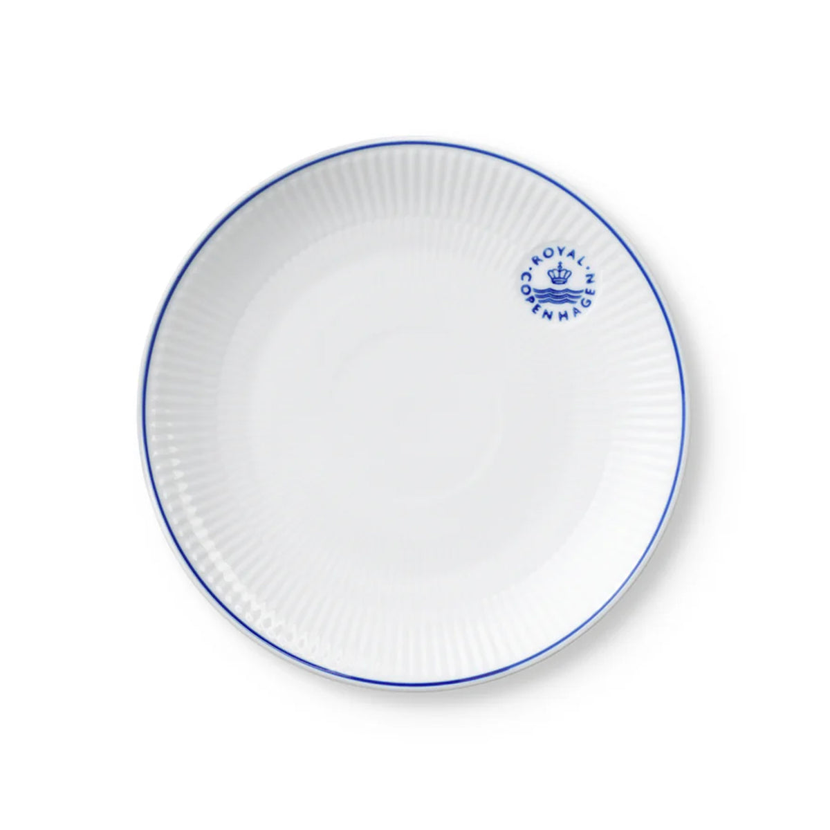 Front view of Royal Copenhagen Blueline Plate Coupe 19cm showcasing a hand painted blue rim and fluted porcelain on white