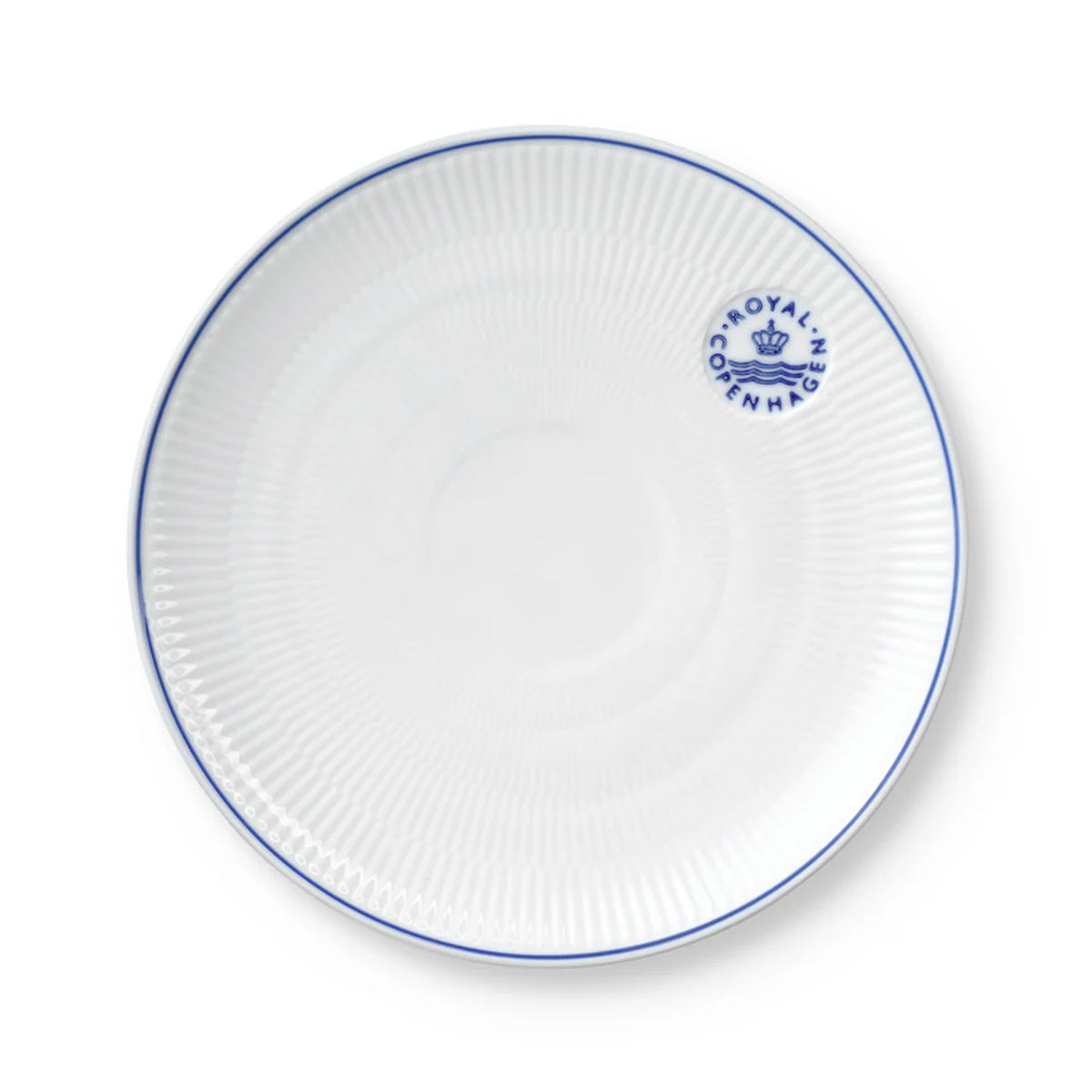 Top view of Blueline Plate Coupe showcasing hand-painted blue rim and fluted porcelain design on a white background