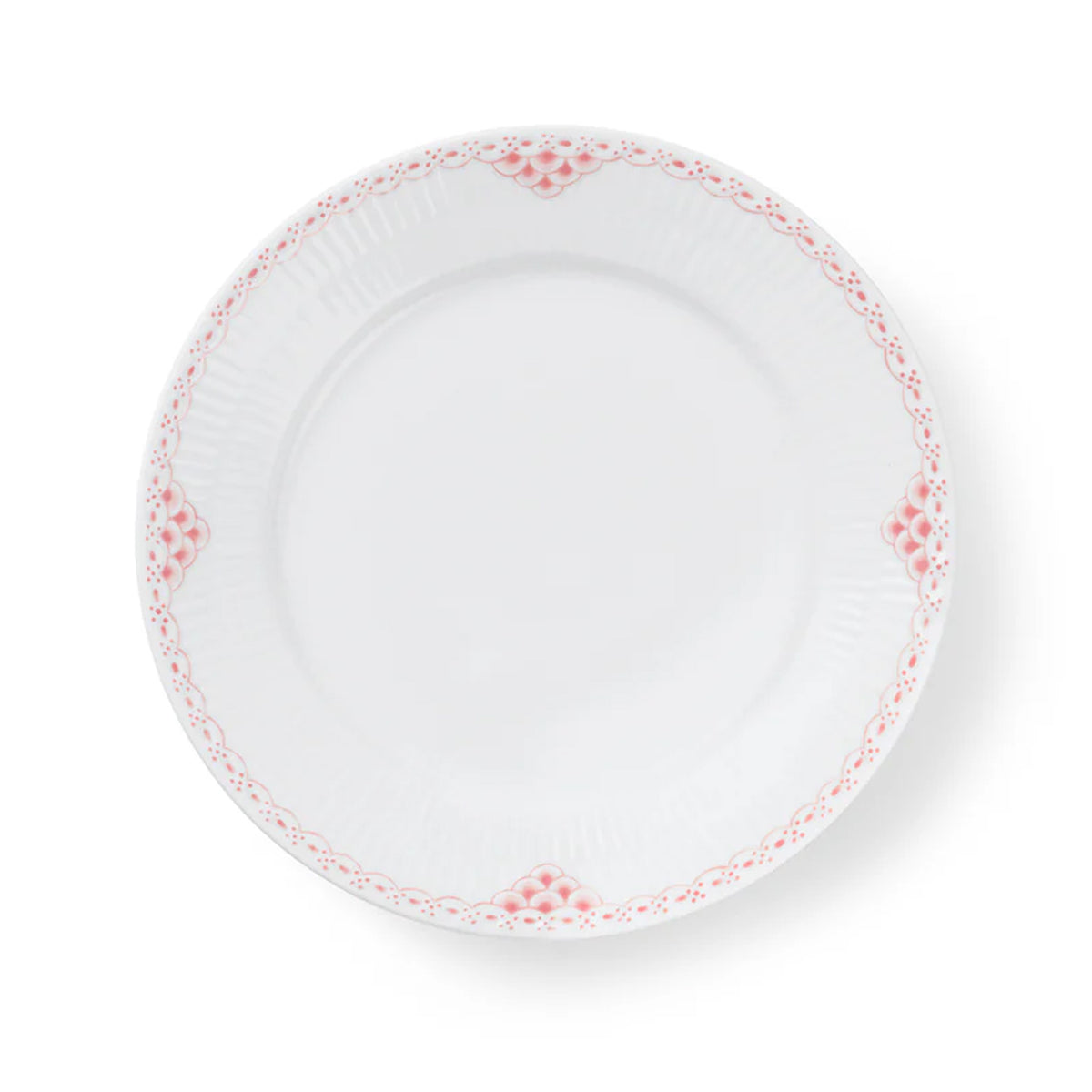Top view of Coral Lace Plate, 8.7 inches showing white fluting and hand-painted coral lace border