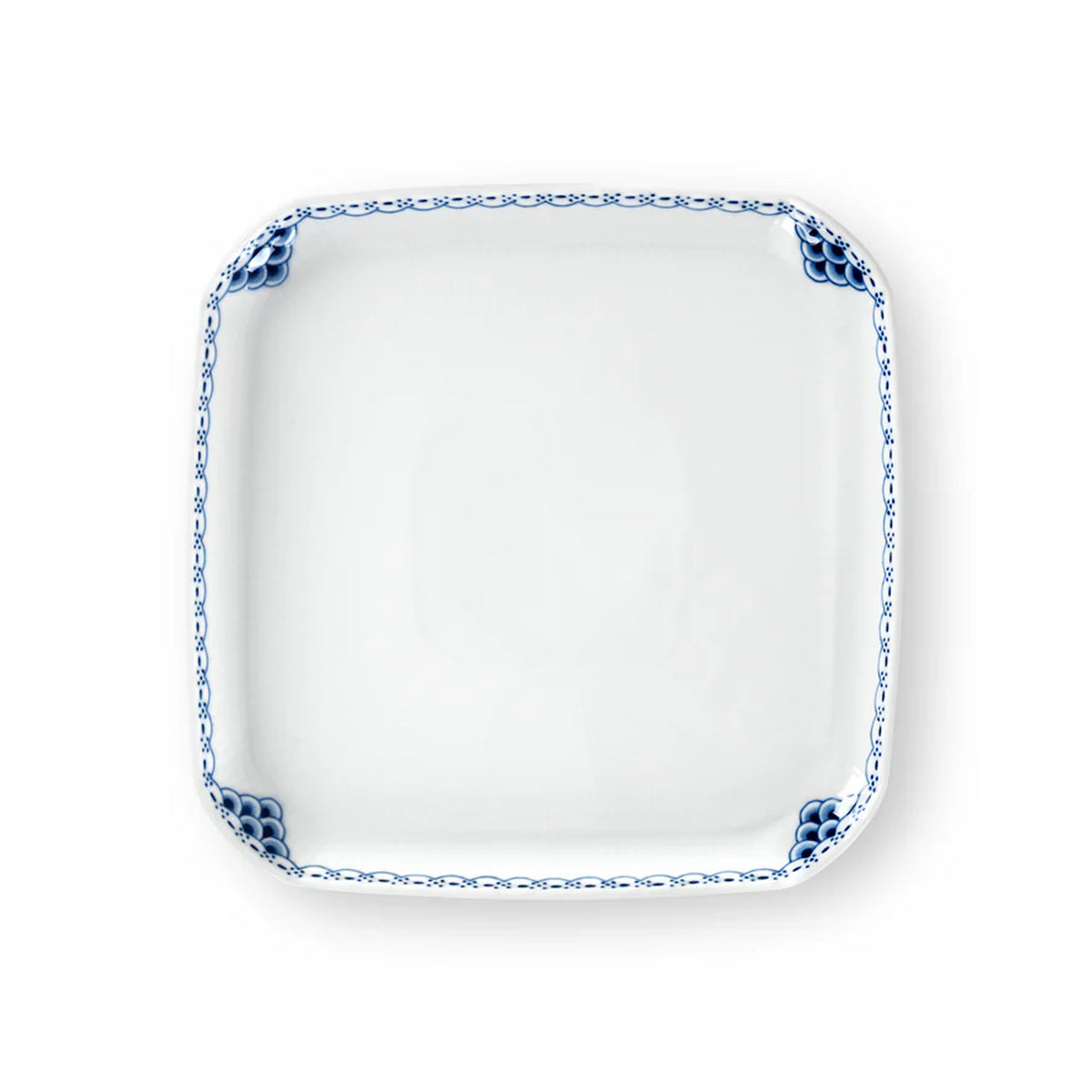 Top view of Princess Plate Square showcasing hand-painted blue lace rim and fluted porcelain surface on a white background