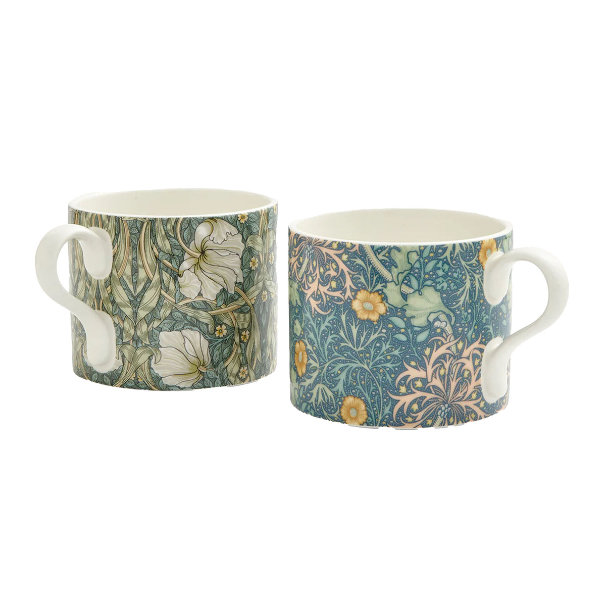 Front view of Morris and Co. mugs in Seaweed and Pimpernel, set of 2 showcasing floral patterns with a white background