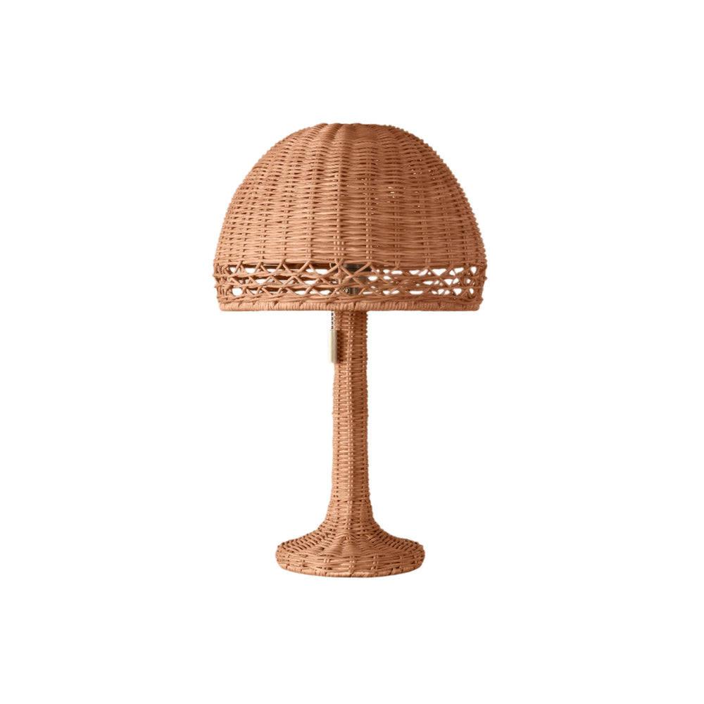 Front view of Augusta Mini Table Lamp showcasing woven rattan dome shade with lattice trim and tapered woven base on white background