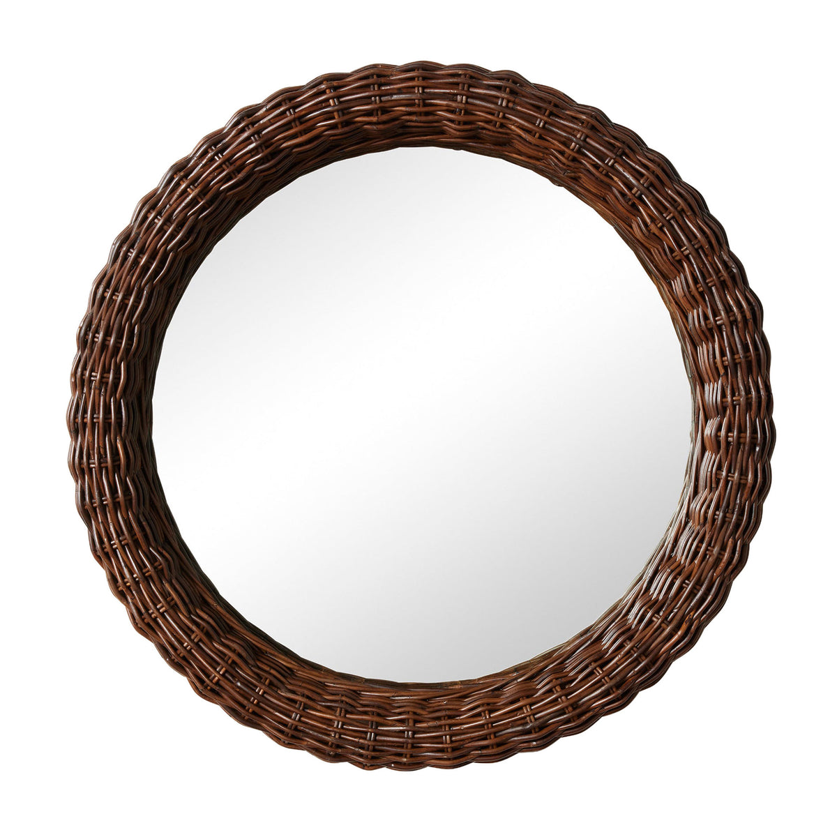 Front view of Kingston round mirror showcasing woven rattan frame in dark brown on white background
