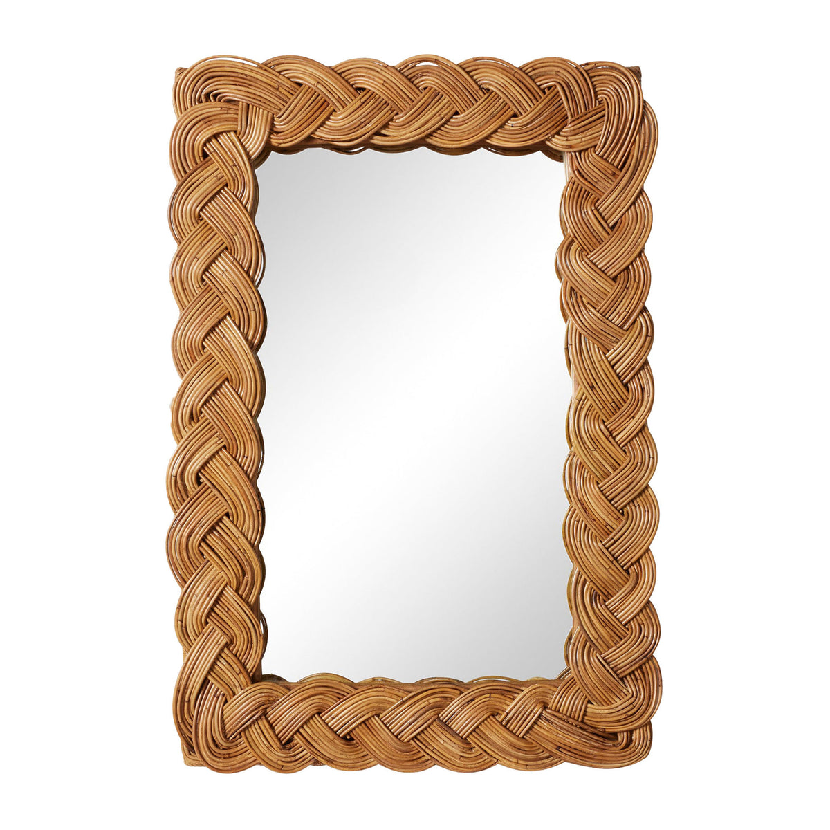 Front view of Castello rectangular mirror showcasing braided natural rattan frame against white background