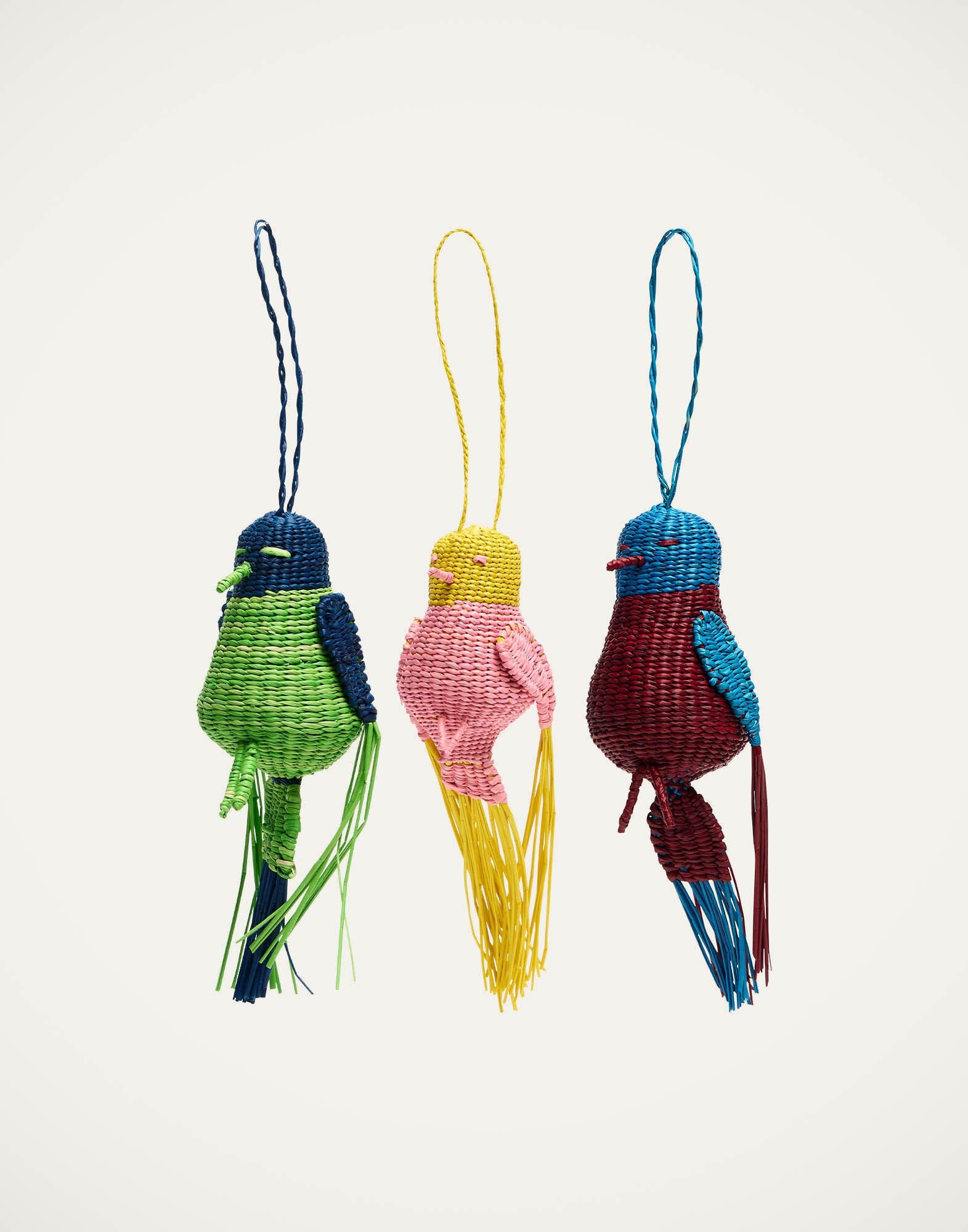 Bird Holiday Ornaments Set Of 3 Multicolor in Raffia