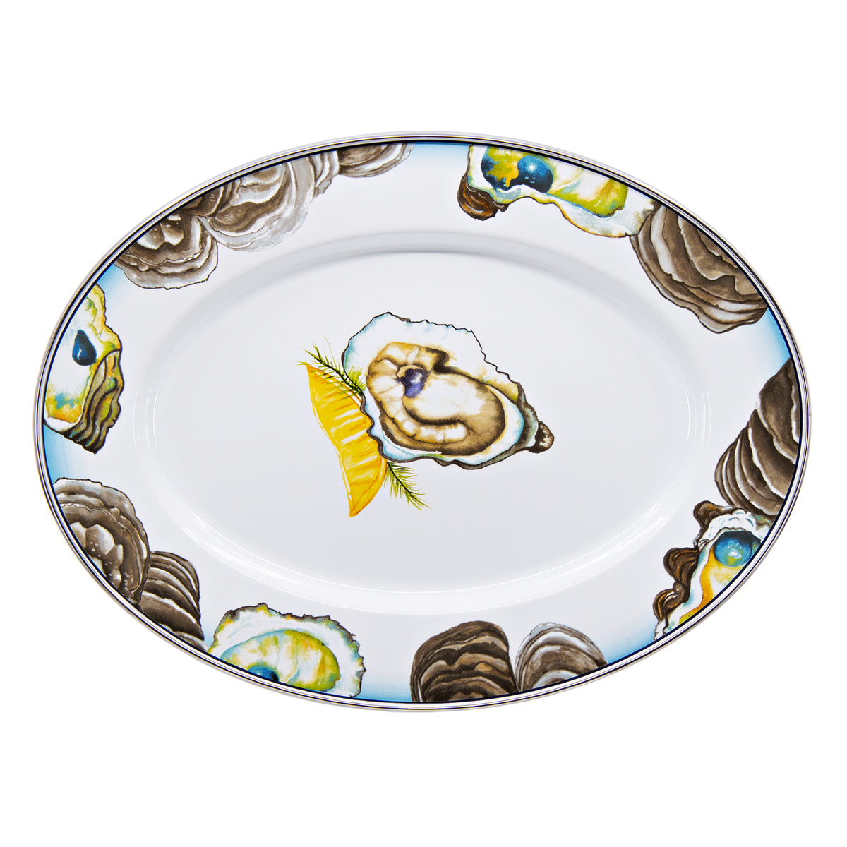Top view of Oval Platter in Oyster showcasing oyster shell artwork and stainless steel trim on a white background