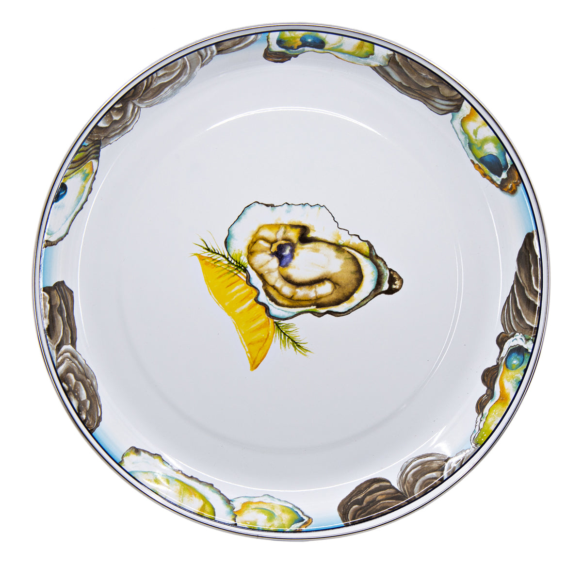 Top view of Small Tray in Oyster showcasing marine shell and oyster artwork on its enamel surface with a white background