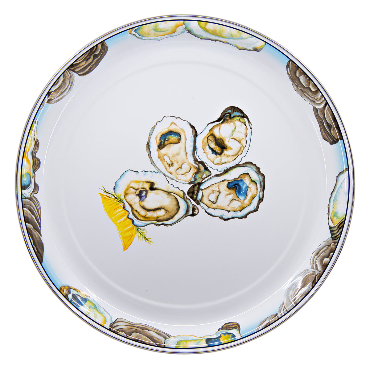Top view of medium tray showing oyster illustration and stainless-steel rim on white background