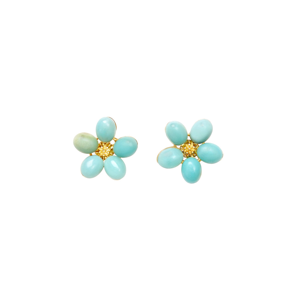 Front view of Oahu Earrings showcasing turquoise amazonite flower studs with gold-plated centers on white background