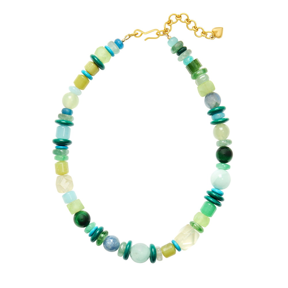 Straight-on view of Ocean Wanderer necklace with mixed green and turquoise gemstone beads and gold hook on white background