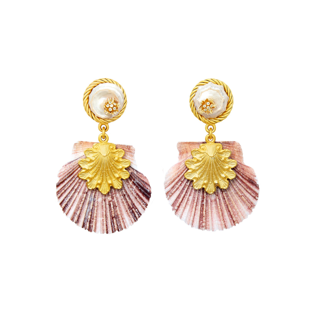 Front view of Oceana earrings showing gold-plated shell toppers, twisted rope detail and dangling pink scallop shells on white background