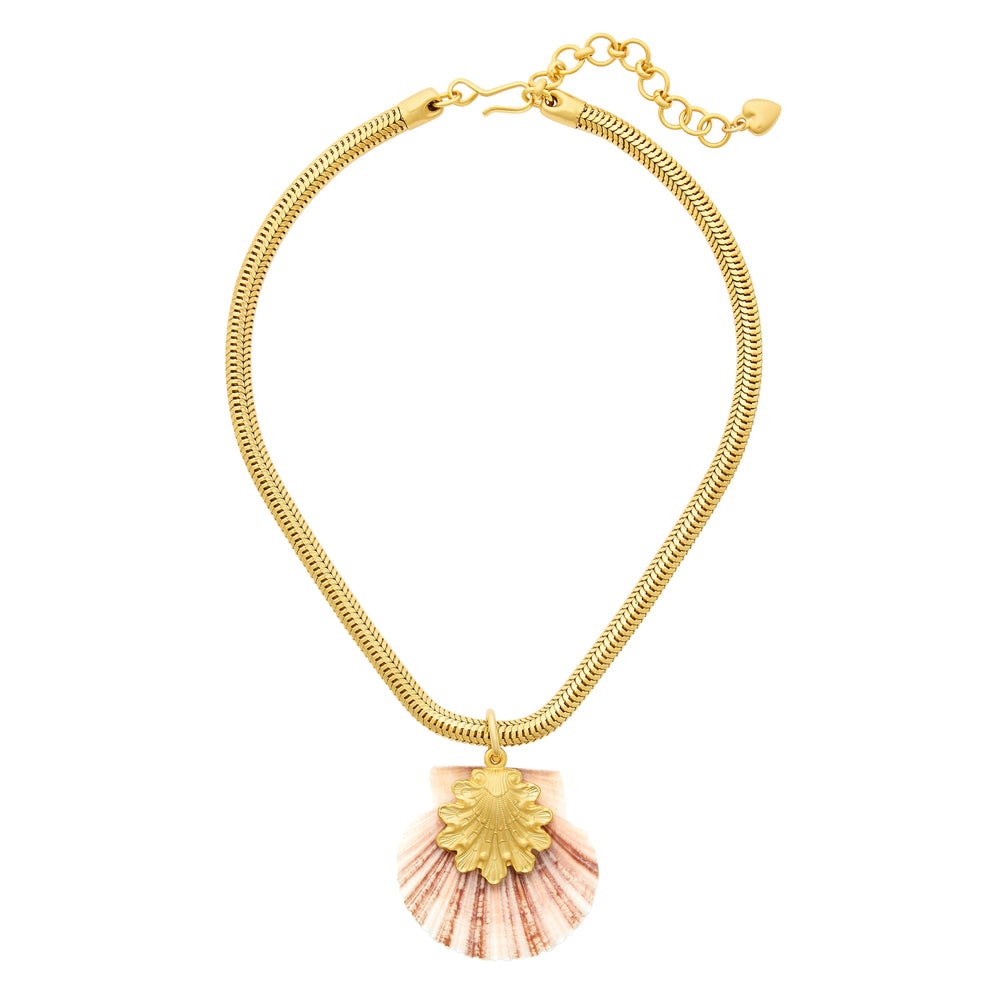 Front view of Oceana Necklace with pink scallop shell pendant and 24K antique gold-plated scallop accent on gold snake chain
