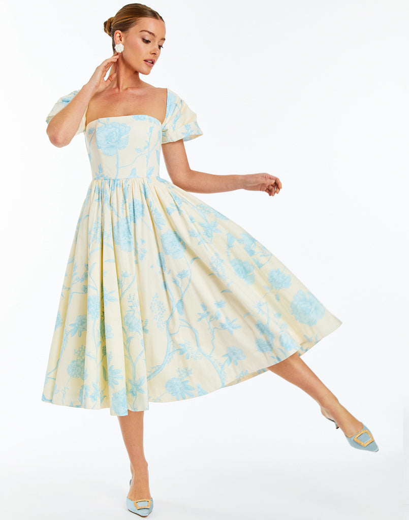 Odette Convertible Midi Dress in Ivory & Blue