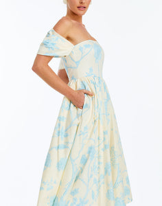 Odette Convertible Midi Dress in Ivory & Blue