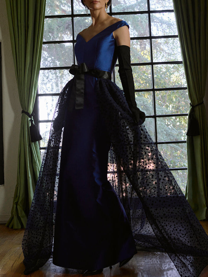 Off-The-Shoulder Slim Gown in Cobalt Blue Italian Silk with Separate Removable Velvet Tulle Skirt
