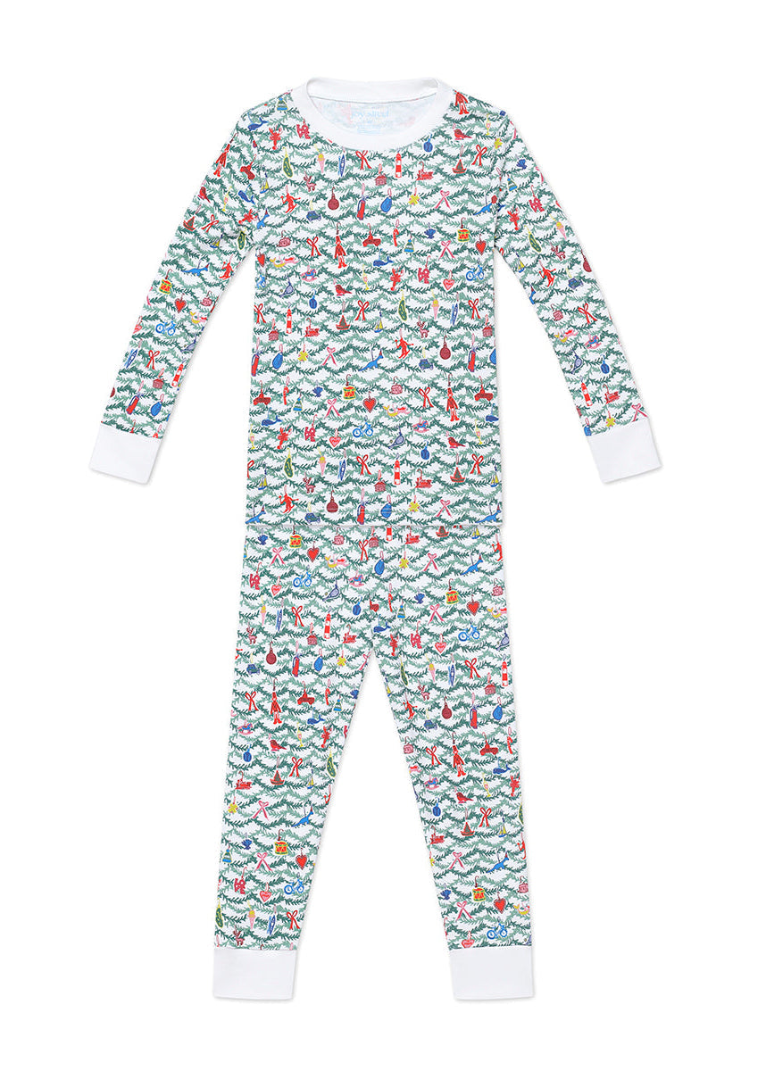 Front view of children’s Christmas pajamas showcasing a colorful tree pattern with long sleeves, white cuffs, and collar