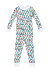 Front view of children’s Christmas pajamas showcasing a colorful tree pattern with long sleeves, white cuffs, and collar
