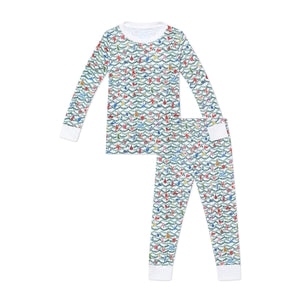 Front view of Oh Christmas Tree children’s two piece pajamas showcasing block print Christmas tree pattern on white background