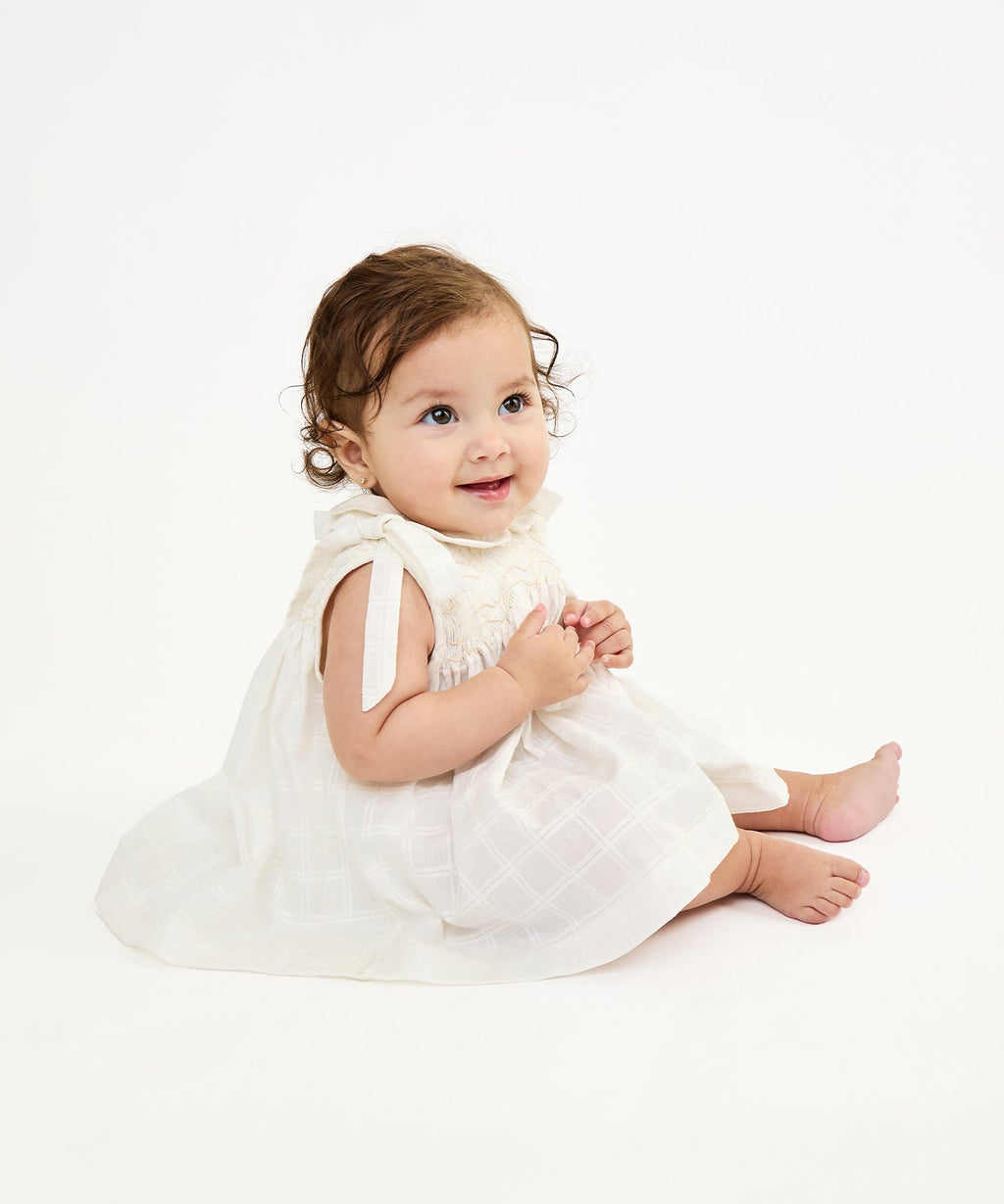 Olive Baby Dress in Cream Windowpane