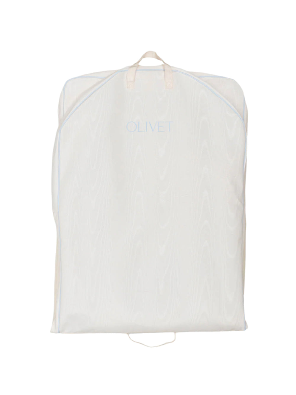 Front view of ivory bridal bag showing top handle, pale-blue piping and visible OLIVET logo on white background