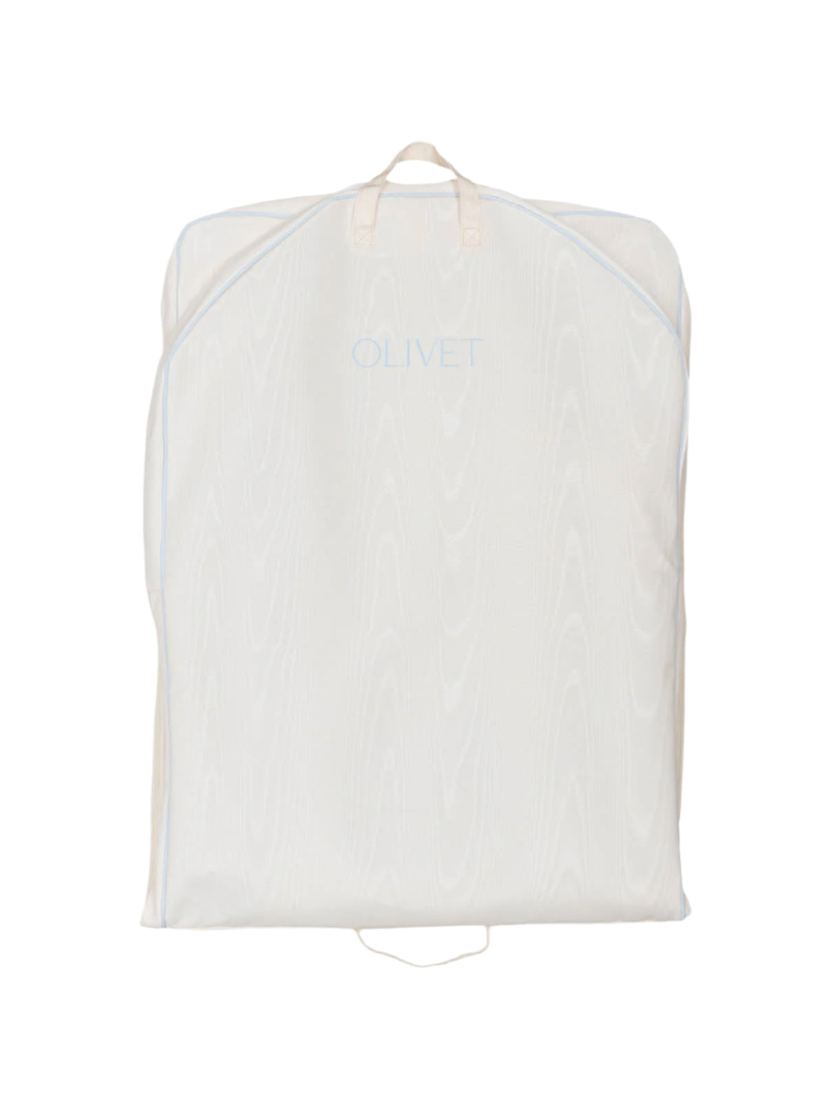 Front view of ivory bridal bag showing top handle, pale-blue piping and visible OLIVET logo on white background