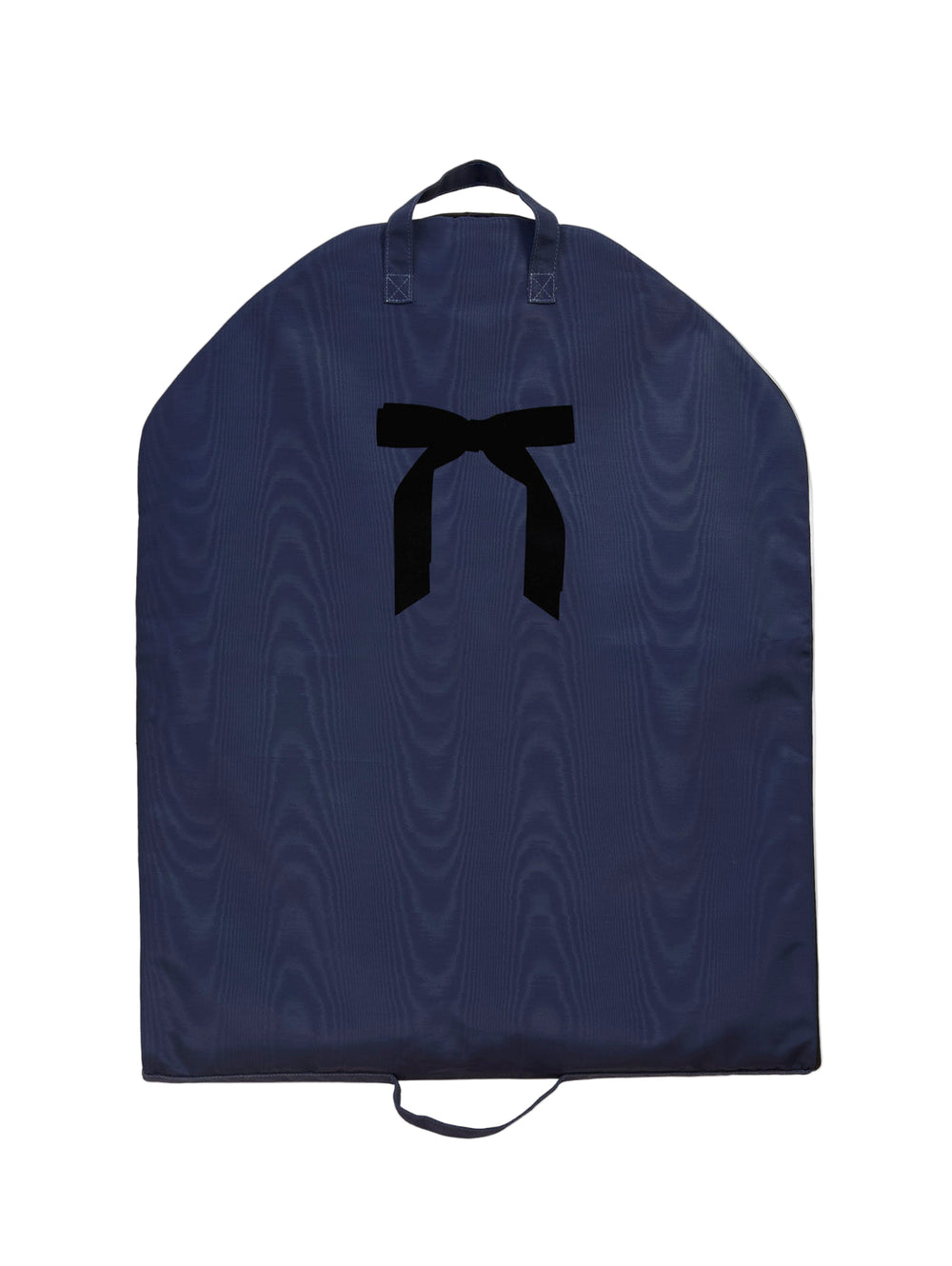 Front view of Holiday Bow Classic garment bag in sapphire navy moiré showing black flocked bow, top handles, and carry strap on white background