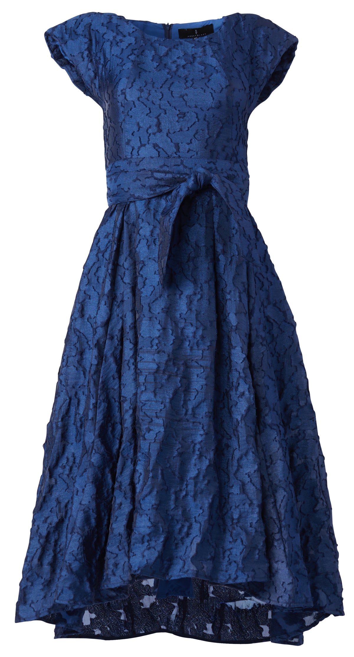 Front view of Olivia Dress in Navy Organza showcasing structured shoulder, removable waist tie, and abstract texture on white