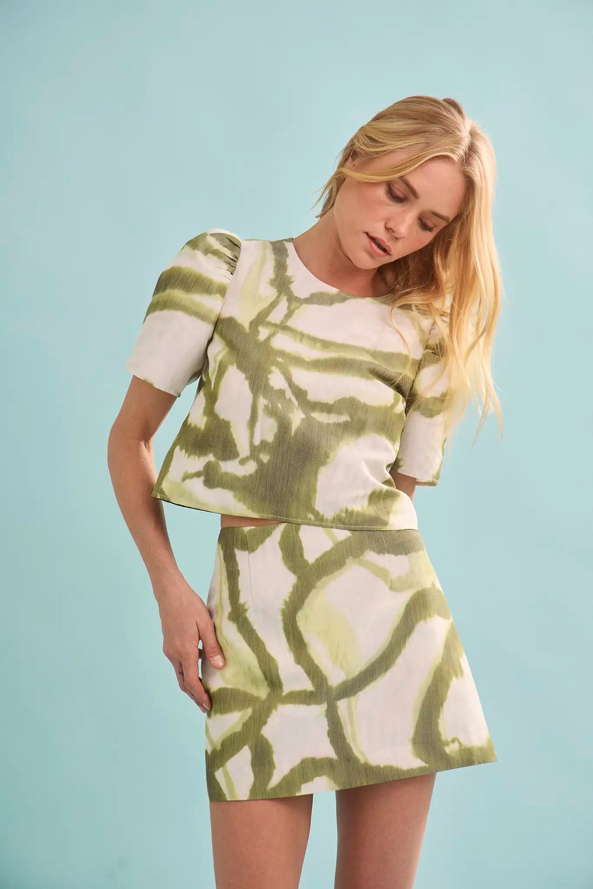 The Olivia Top in Seabreeze Ikat Green with matching Britt Mini Skirt.