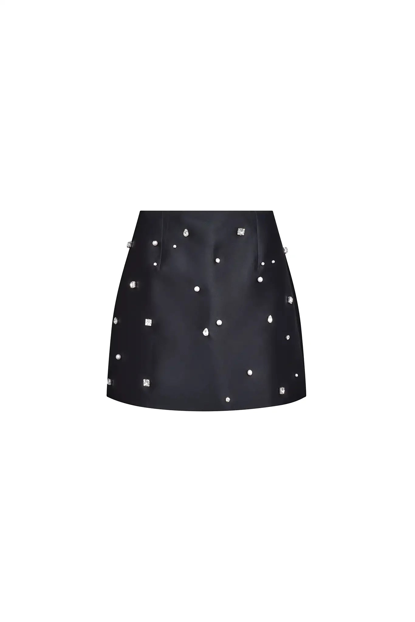 The Britt Skirt is a duchess satin black mini, hand embroidered with pearl and rhinestone detailing.