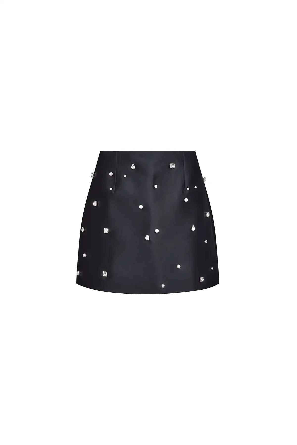 The Britt Skirt is a duchess satin black mini, hand embroidered with pearl and rhinestone detailing.