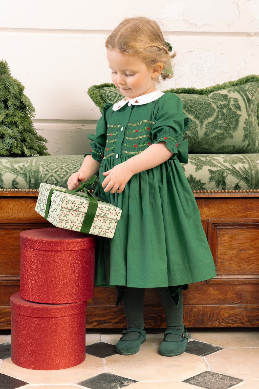 children's smocked christmas dresses Smocked Snowman Red Christmas Girls Dress Bishop Style