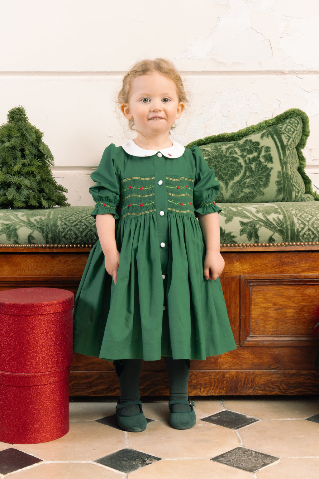 green smocked christmas dresses Hand Smocked green Christmas Dress! Santa and Reindeer Bishop collar Dress. Toddler Smocked Christmas dress