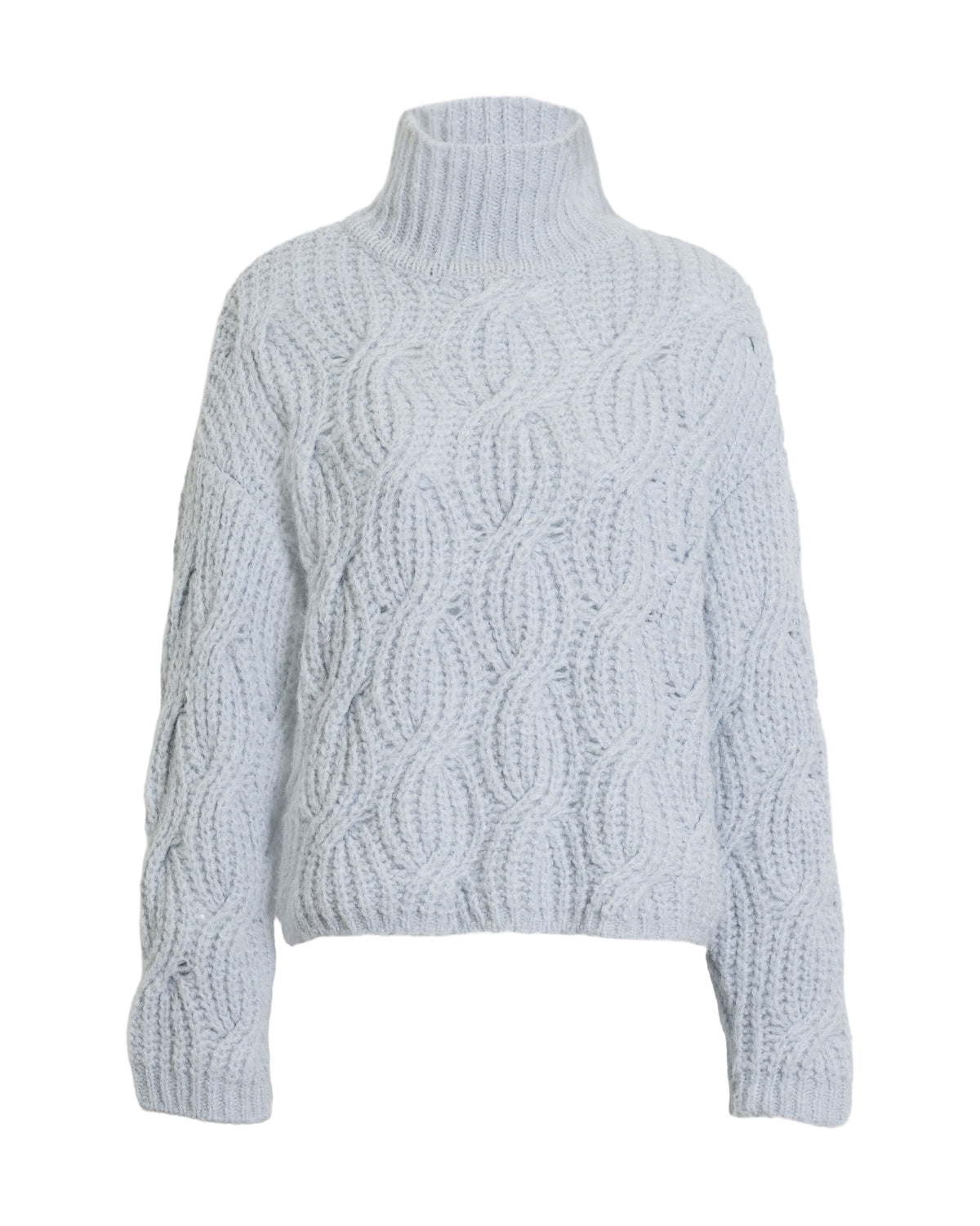 Front view of Opaline Sweater in Grey Sky showcasing fuzzy cable knit turtleneck and long sleeves on white background