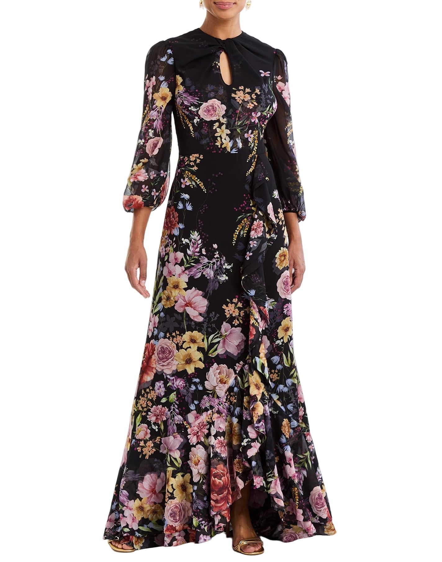 Ophelia Chiffon Gown in Twilight Florals front – chiffon evening gown with twisted keyhole neckline, sheer balloon sleeves, and cascading ruffle skirt by Mestiza New York.