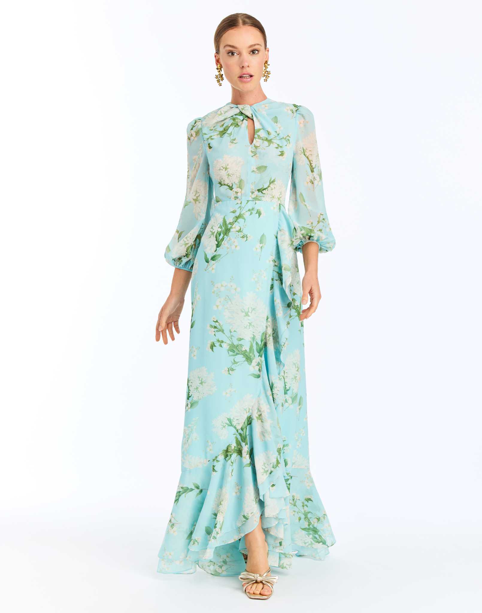 Ophelia Chiffon Gown in Blue Botanica