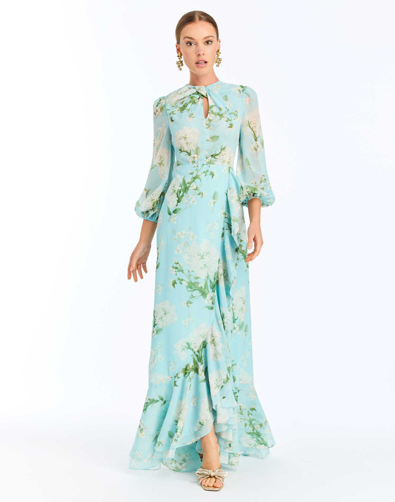 Ophelia Chiffon Gown in Blue Botanica