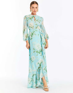 Ophelia Chiffon Gown in Blue Botanica
