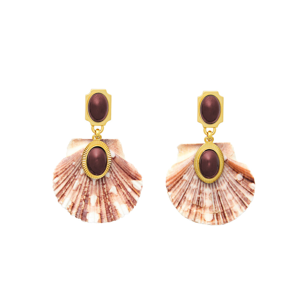 Front view of Ophelia earrings showcasing scallop shell drops and 24K antique gold-plated garnet toppers on white background