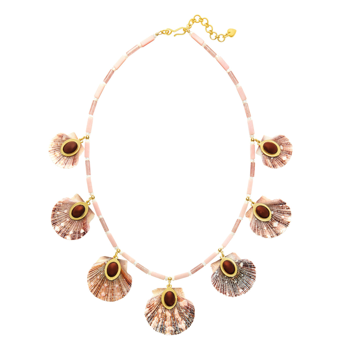 Top view of Ophelia Necklace showing seven scallop shells with garnet centers and pink opal beads on white background