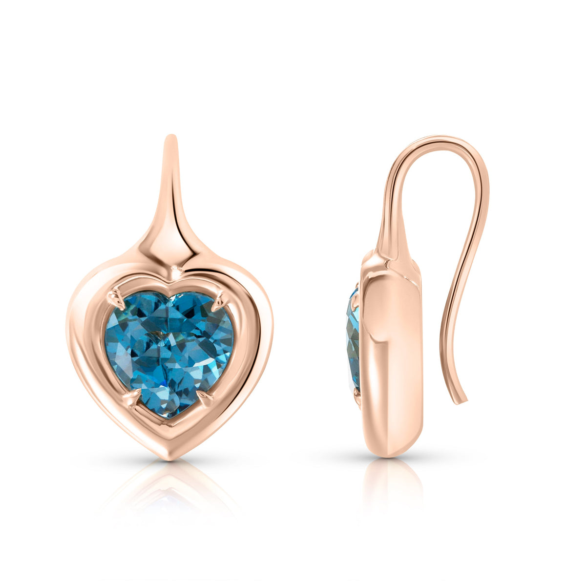 Front and side view of Heart Orb drop earrings with heart-shaped London blue topaz in 14k rose gold