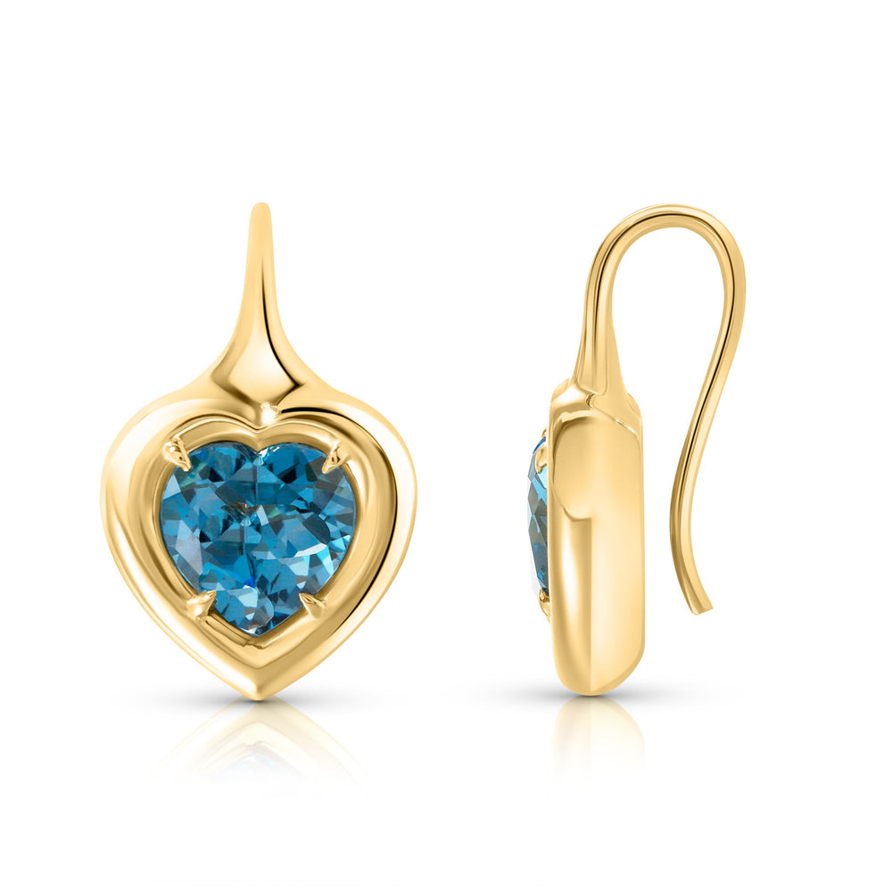 Front and side views of Heart Orb Drop earrings with heart shaped London blue topaz in 14k yellow gold, French wire hooks