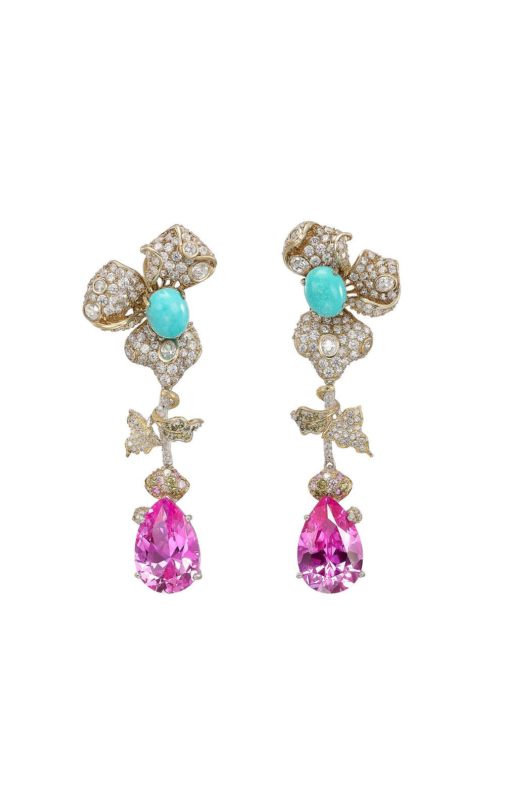 Front of Orchid Orient earrings with gold floral settings, turquoise centers, pave diamonds and pink teardrop stones on white