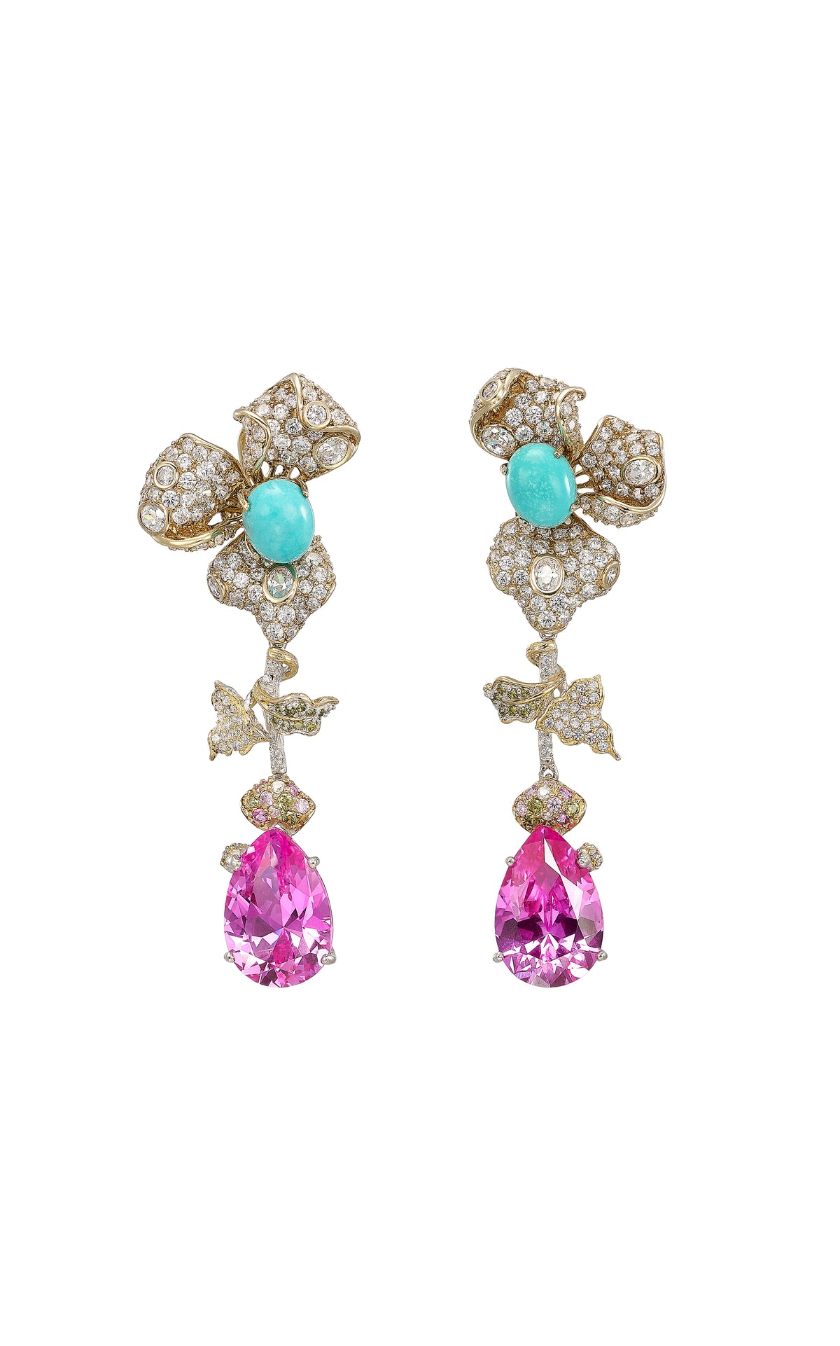Front of Orchid Orient earrings with gold floral settings, turquoise centers, pave diamonds and pink teardrop stones on white