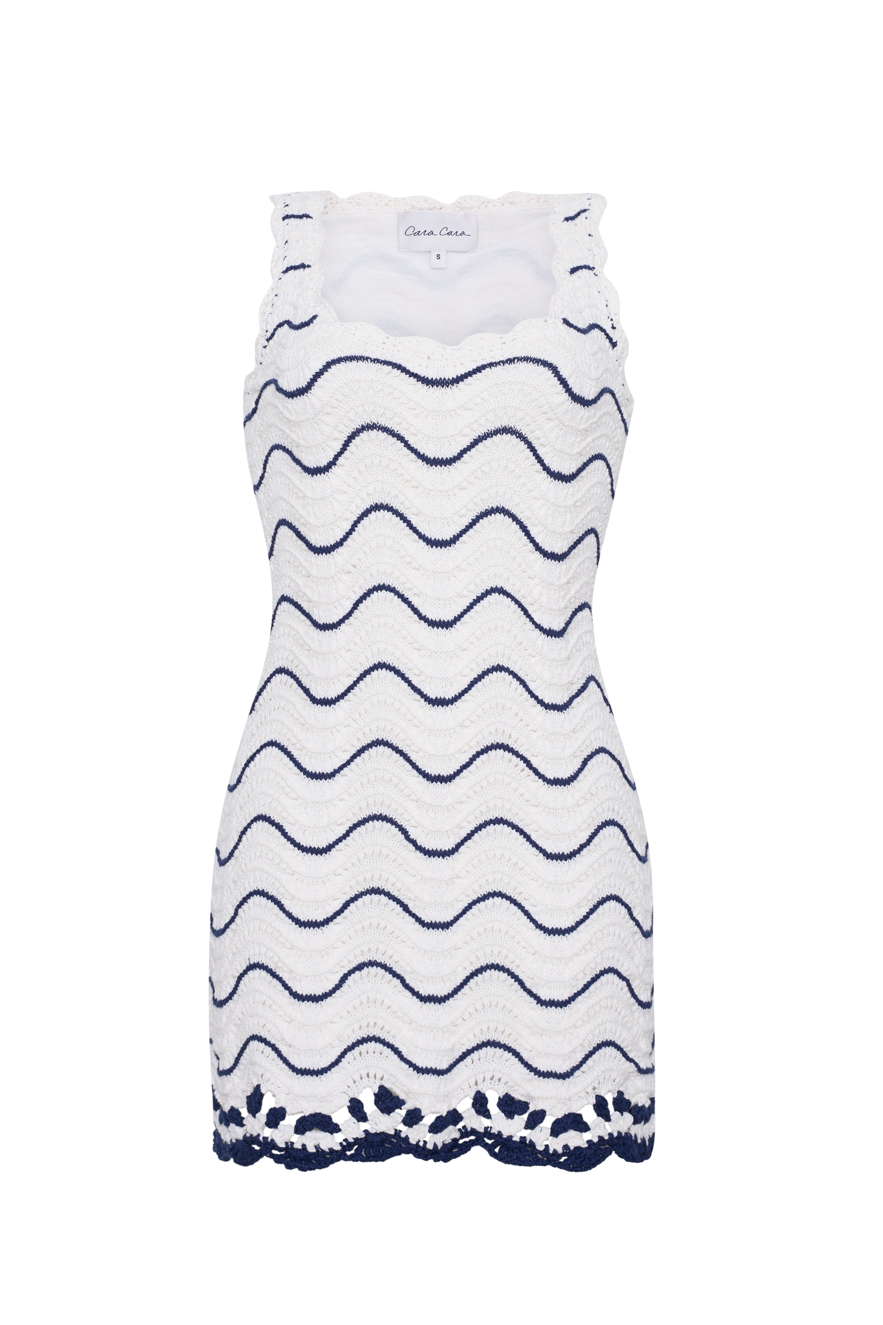 Orel Mini Dress in White Navy Wave Stripe