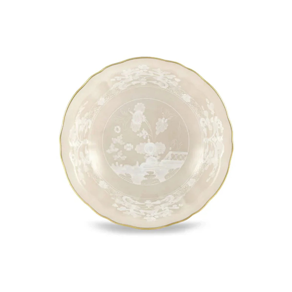 Top view of Oriente Italiano Antico Doccia Fruit Bowl in Meringa showcasing floral motifs, scalloped edge, and gold rim on a white background