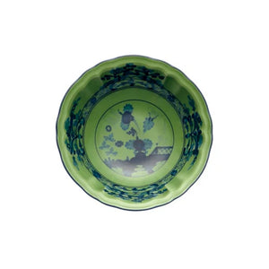 Top view of Oriente Italiano Fruit Bowl in Malachite showcasing a scalloped rim and blue floral porcelain design on white background