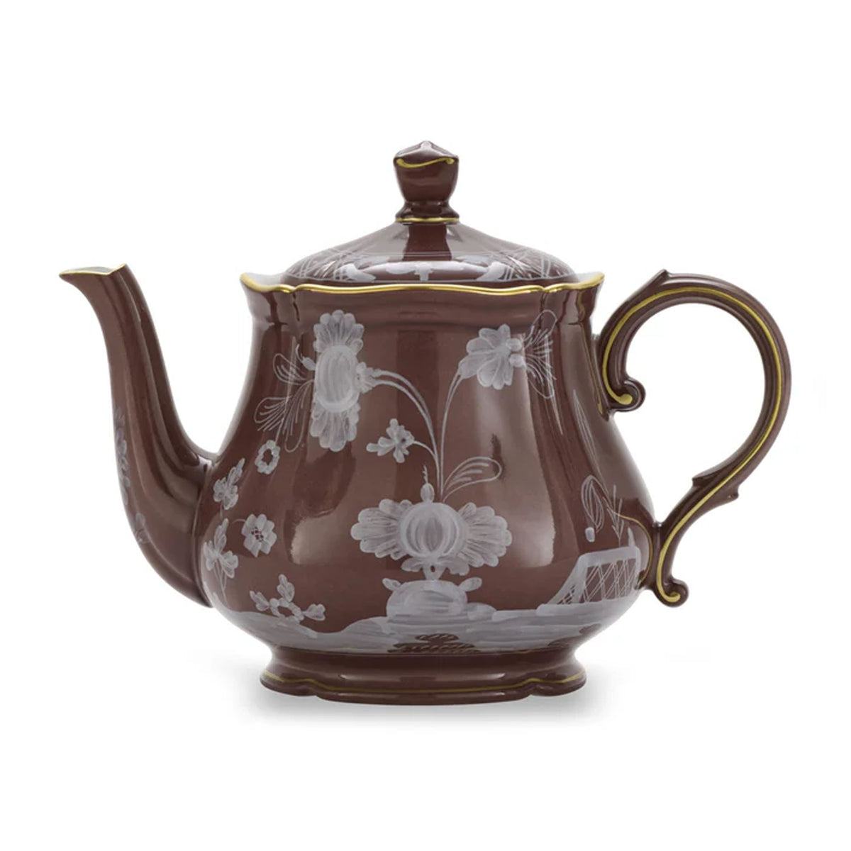 Front view of Oriente Italiano teapot with cover for 6 in Castagna showcasing floral decoration with white background